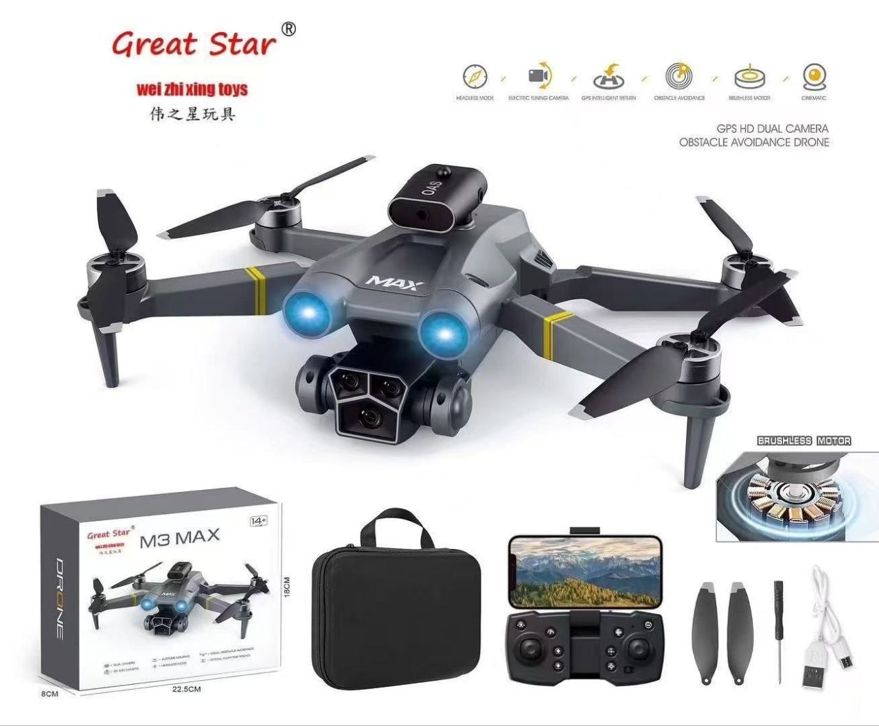 M3 Max DRONE with 3 Camera Intelligent Flight  Brushless Motor